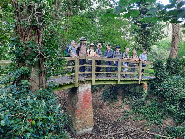 Walkers on a wooden bridge